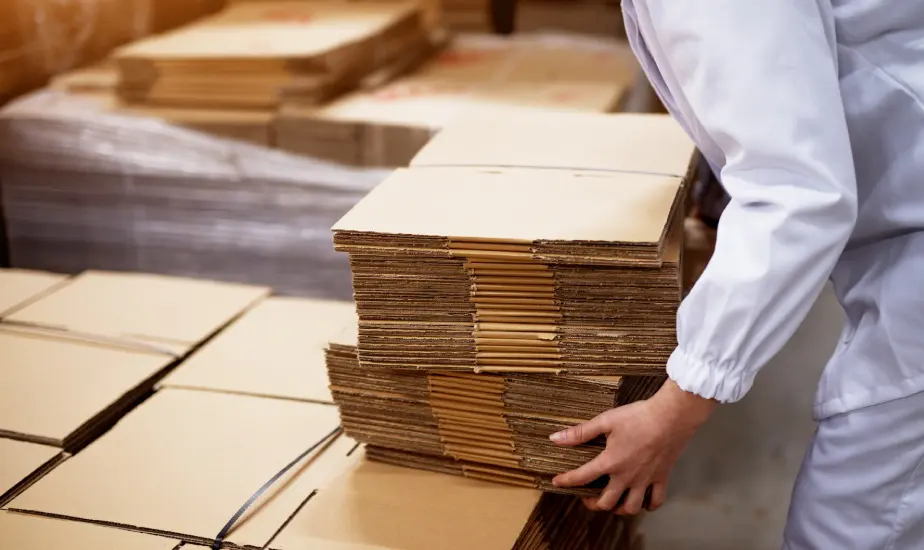 Person stacking cardboard boxes in warehouse.