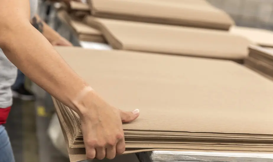 Hand handling a stack of cardboard sheets.