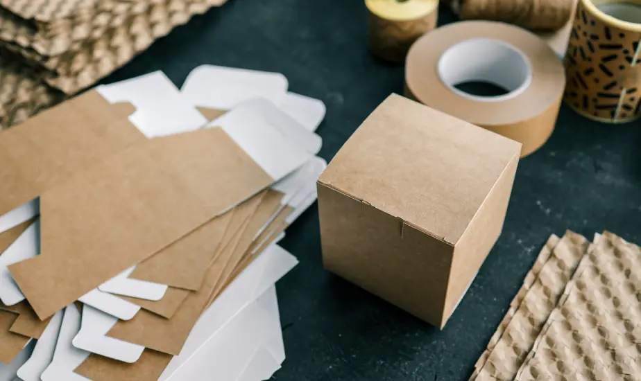 Brown cardboard boxes and packing supplies.